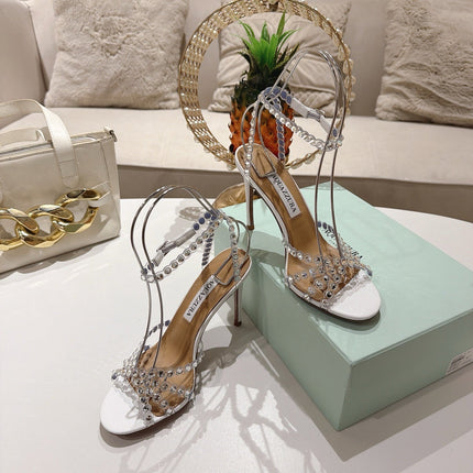 AQUAZZURA 26S HEELED SANDALS 100 MM IN WHITE LAMBSKIN RHINESTONE EMBELLISHED