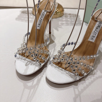 AQUAZZURA 26S HEELED SANDALS 100 MM IN WHITE LAMBSKIN RHINESTONE EMBELLISHED