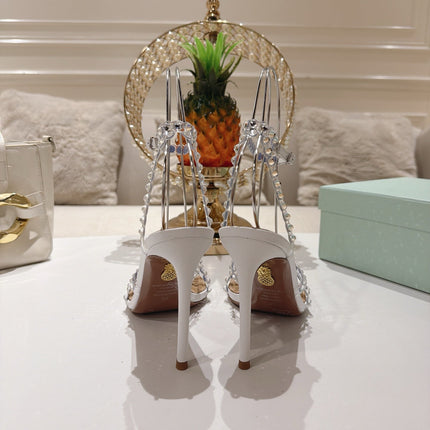 AQUAZZURA 26S HEELED SANDALS 100 MM IN WHITE LAMBSKIN RHINESTONE EMBELLISHED