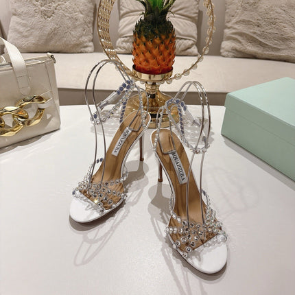 AQUAZZURA 26S HEELED SANDALS 100 MM IN WHITE LAMBSKIN RHINESTONE EMBELLISHED