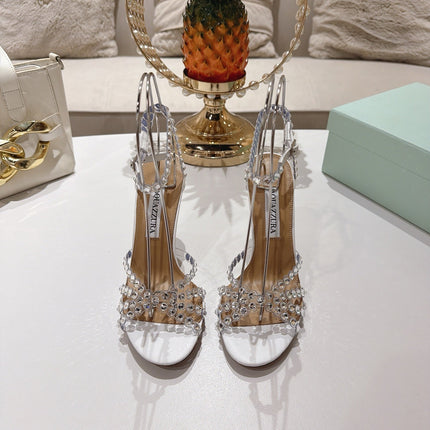 AQUAZZURA 26S HEELED SANDALS 100 MM IN WHITE LAMBSKIN RHINESTONE EMBELLISHED