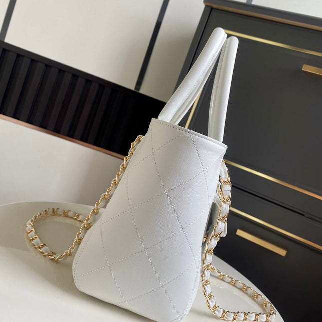 CHANEL 26S QUILTED SMALL SHOPPING TOTE 25 IN WHITE CAVIAR CALFSKIN GOLD HARDWARE