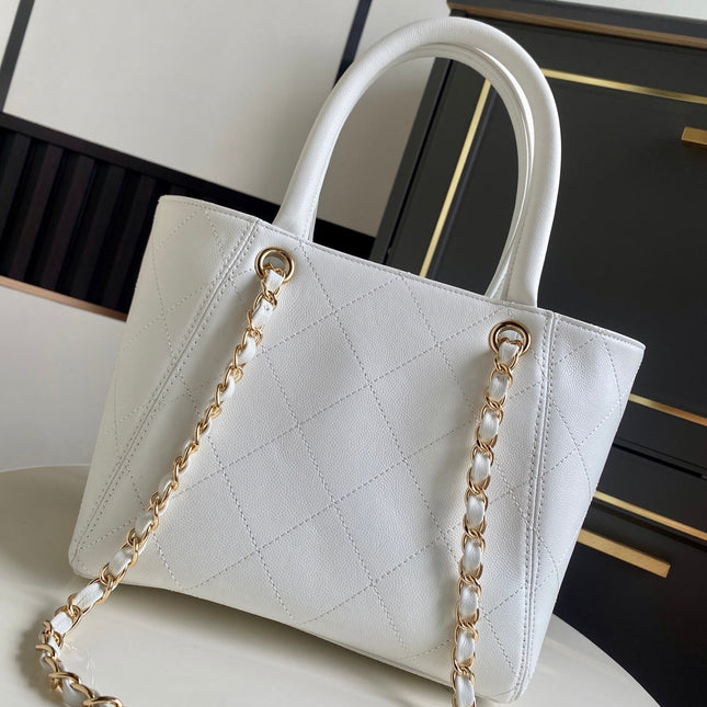 CHANEL 26S QUILTED SMALL SHOPPING TOTE 25 IN WHITE CAVIAR CALFSKIN GOLD HARDWARE