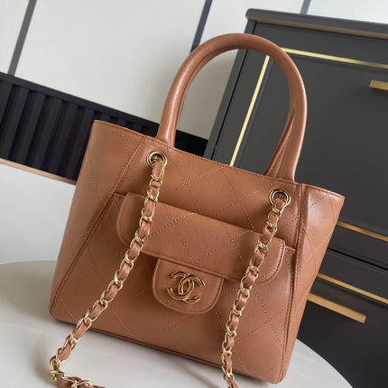CHANEL 26S QUILTED SMALL SHOPPING TOTE 25 IN CARAMEL BROWN CAVIAR CALFSKIN GOLD HARDWARE