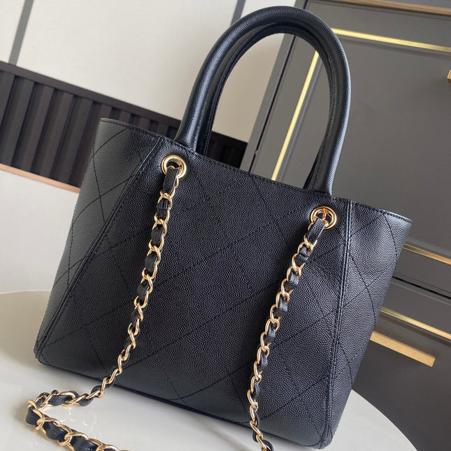 CHANEL 26S QUILTED SMALL SHOPPING TOTE 25 IN BLACK CAVIAR CALFSKIN GOLD HARDWARE