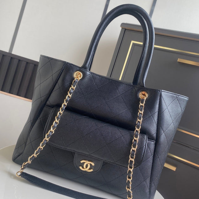 CHANEL 26S QUILTED LARGE SHOPPING TOTE 39 IN BLACK CAVIAR CALFSKIN GOLD HARDWARE