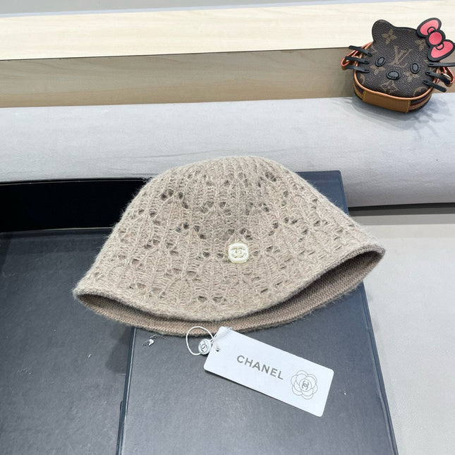 BUCKET HAT KHAKI BROWN KNITTED FABRIC WITH RABBIT FUR 428091