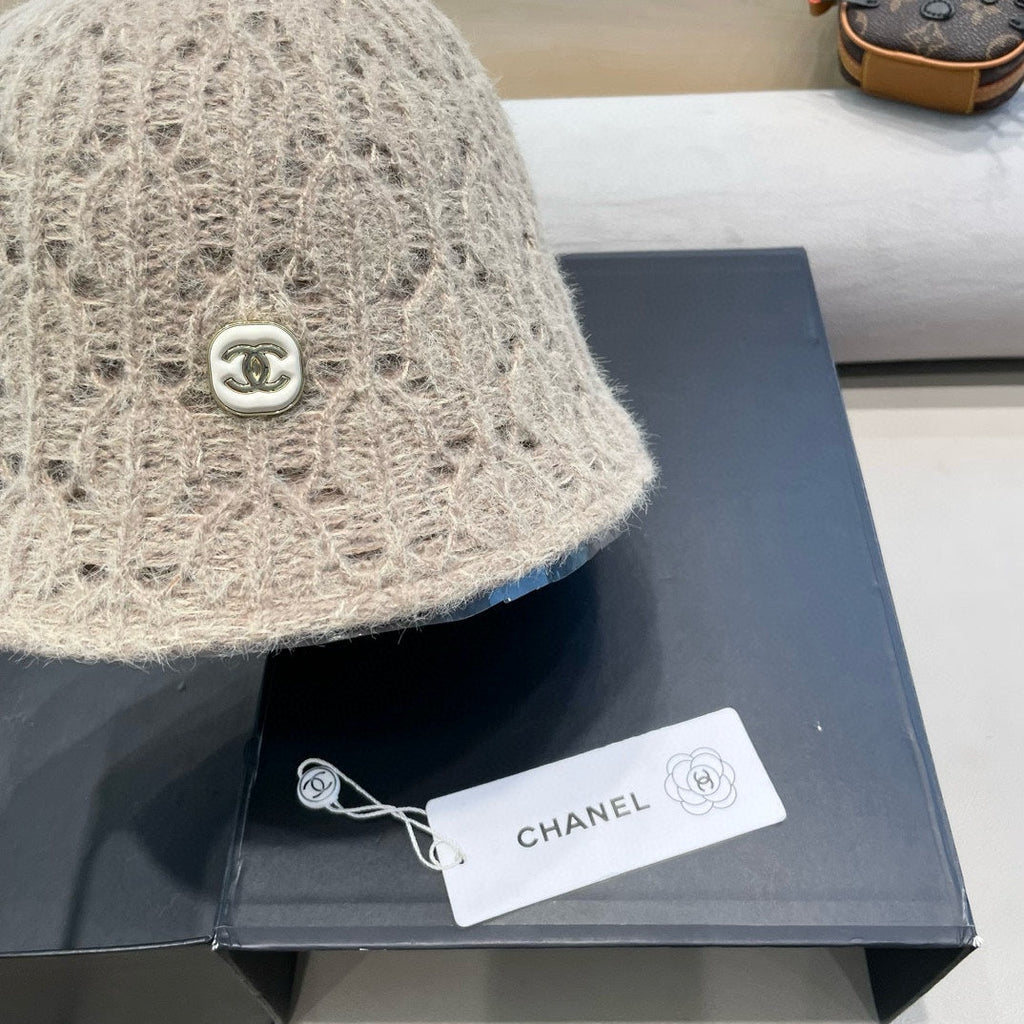 BUCKET HAT KHAKI BROWN KNITTED FABRIC WITH RABBIT FUR 428091