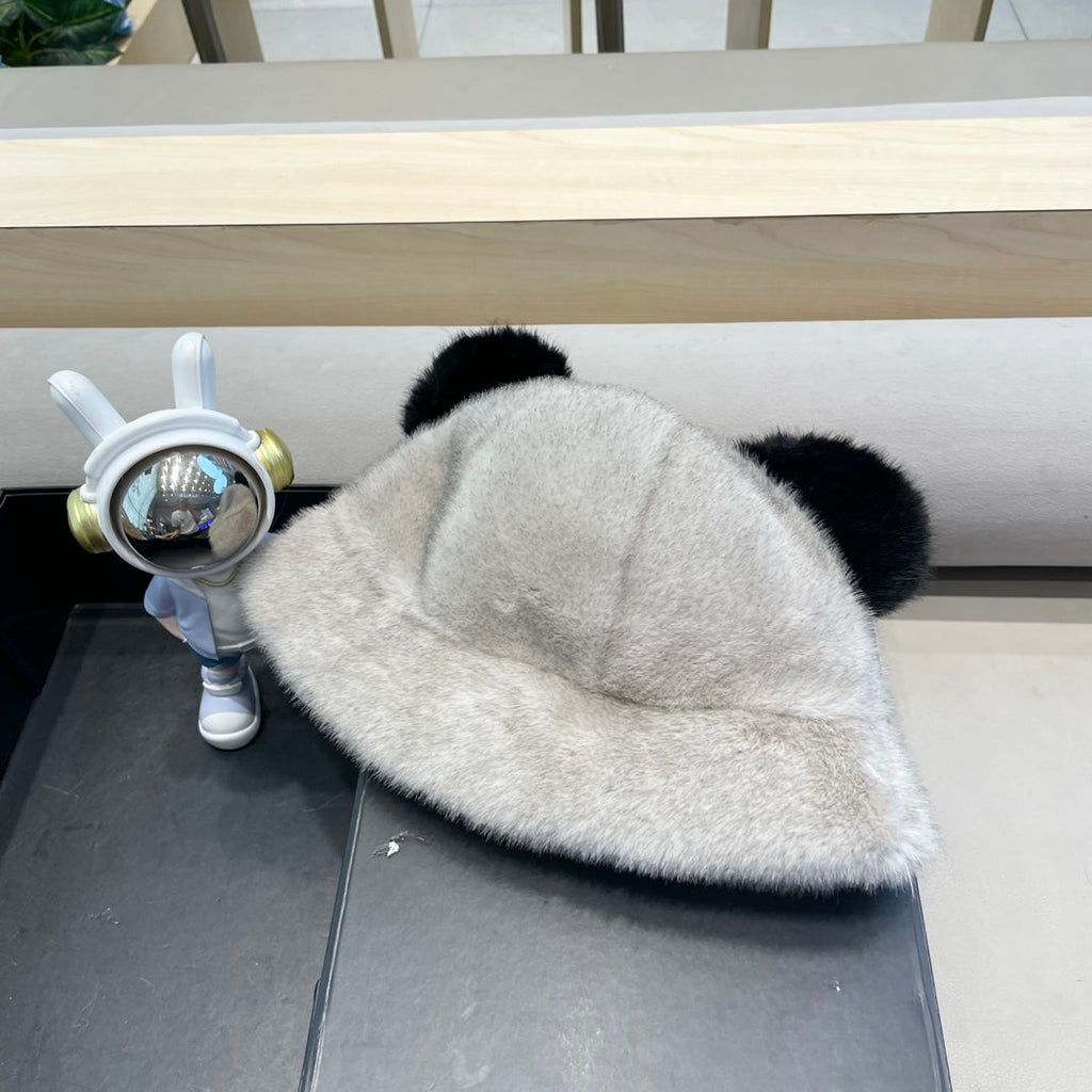 BUCKET HAT WITH CUTE BEAR EARS IN RHINO GRAY RABBIT FUR 434967