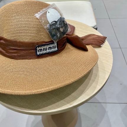 MIUMIU WIDE-BRIM BEACH HAT IN BEIGE WITH FABRIC BOW
