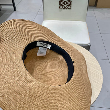 MIUMIU WIDE-BRIM BEACH HAT IN BEIGE WITH FABRIC BOW