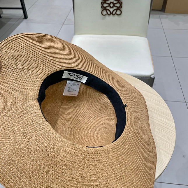MIUMIU WIDE-BRIM BEACH HAT IN BEIGE WITH FABRIC BOW