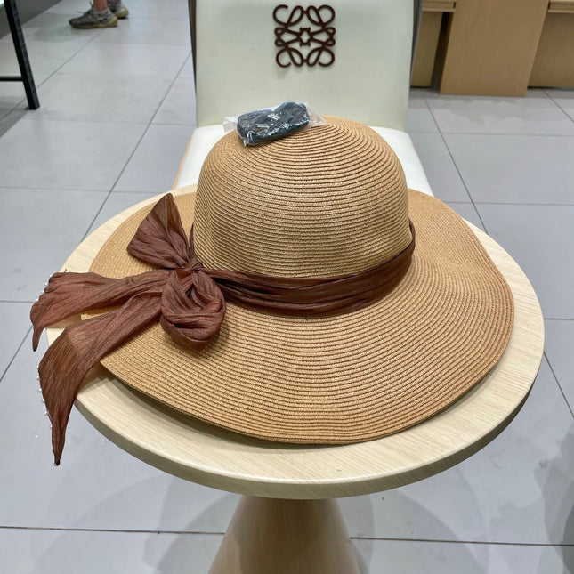 MIUMIU WIDE-BRIM BEACH HAT IN BEIGE WITH FABRIC BOW