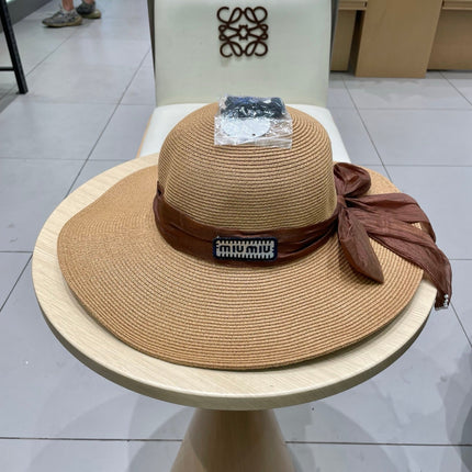 MIUMIU WIDE-BRIM BEACH HAT IN BEIGE WITH FABRIC BOW