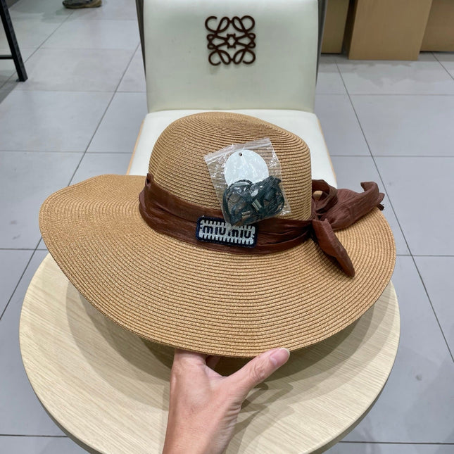 MIUMIU WIDE-BRIM BEACH HAT IN BEIGE WITH FABRIC BOW