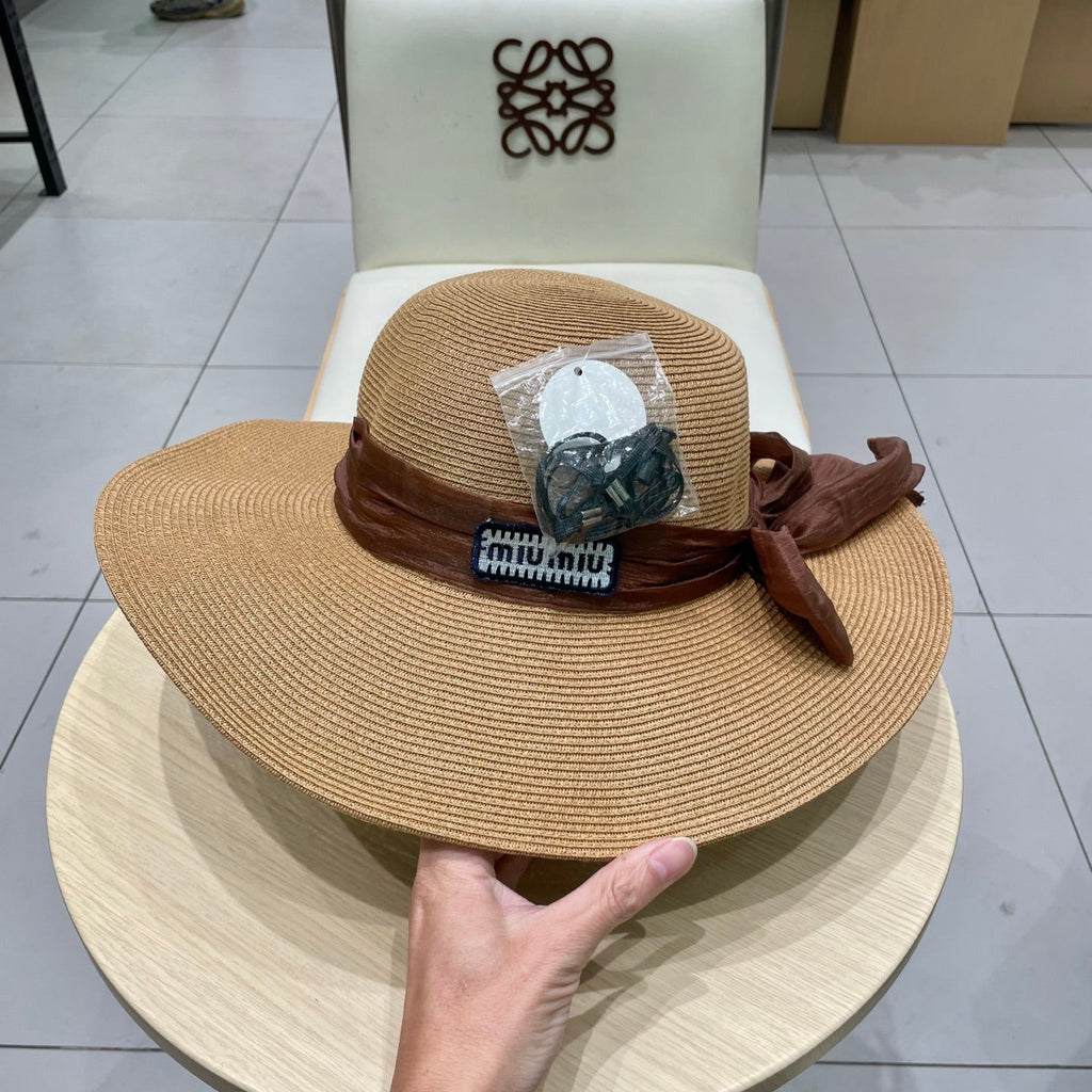 MIUMIU WIDE-BRIM BEACH HAT IN BEIGE WITH FABRIC BOW