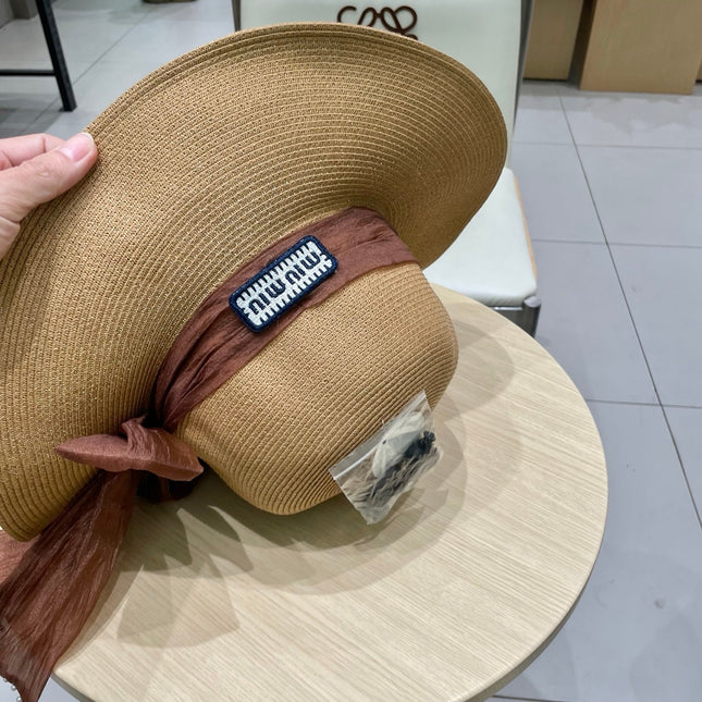 MIUMIU WIDE-BRIM BEACH HAT IN BEIGE WITH FABRIC BOW