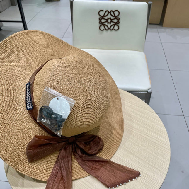 MIUMIU WIDE-BRIM BEACH HAT IN BEIGE WITH FABRIC BOW