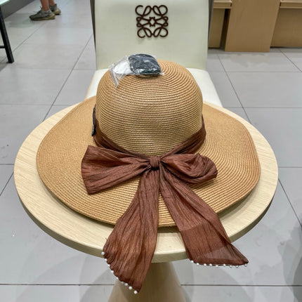 MIUMIU WIDE-BRIM BEACH HAT IN BEIGE WITH FABRIC BOW