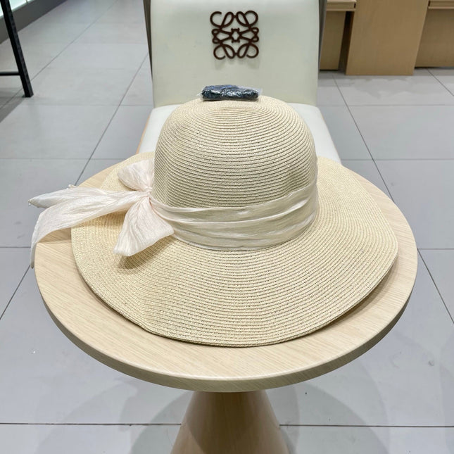 MIUMIU WIDE-BRIM BEACH HAT IN LIGHT BEIGE WITH FABRIC BOW