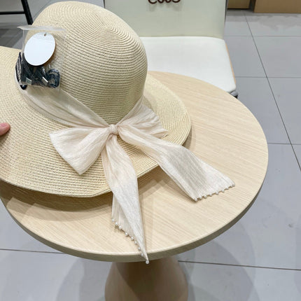 MIUMIU WIDE-BRIM BEACH HAT IN LIGHT BEIGE WITH FABRIC BOW