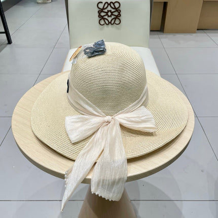 MIUMIU WIDE-BRIM BEACH HAT IN LIGHT BEIGE WITH FABRIC BOW