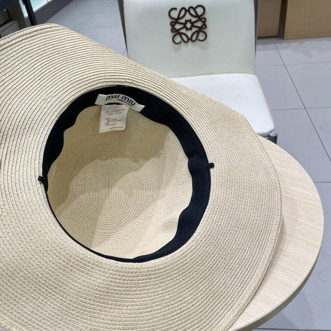 MIUMIU WIDE-BRIM BEACH HAT IN LIGHT BEIGE WITH FABRIC BOW