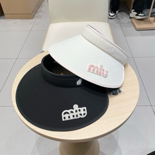MIUMIU FASHION VISOR CAP IN BLACK AND WHITE WITH LOGO TEXT EMBROIDERY
