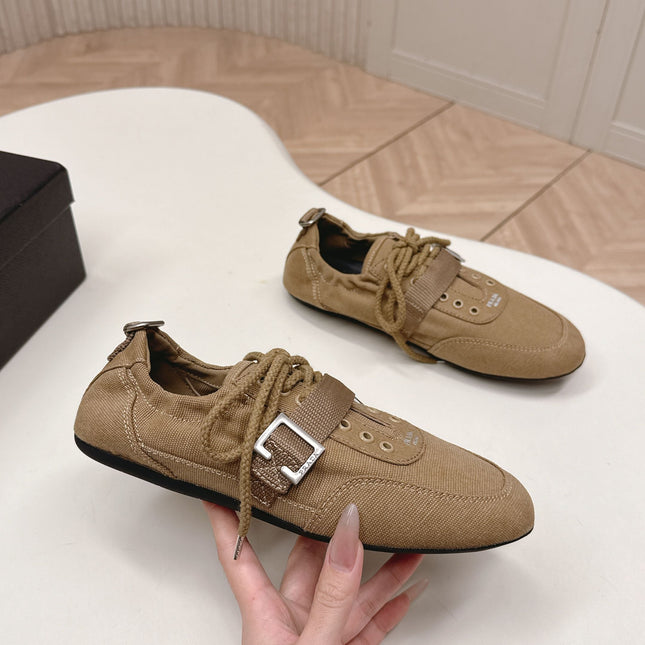 PRADA 26S LACE UP MINIMAL SNEAKERS IN BROWN CANVAS