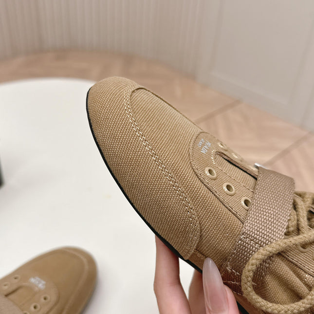 PRADA 26S LACE UP MINIMAL SNEAKERS IN BROWN CANVAS
