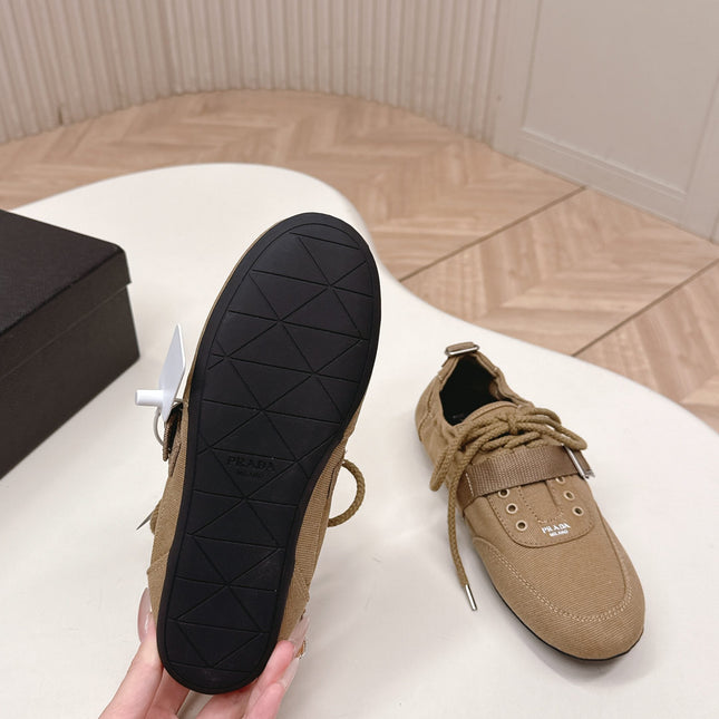 PRADA 26S LACE UP MINIMAL SNEAKERS IN BROWN CANVAS