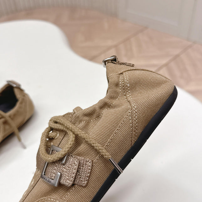 PRADA 26S LACE UP MINIMAL SNEAKERS IN BROWN CANVAS