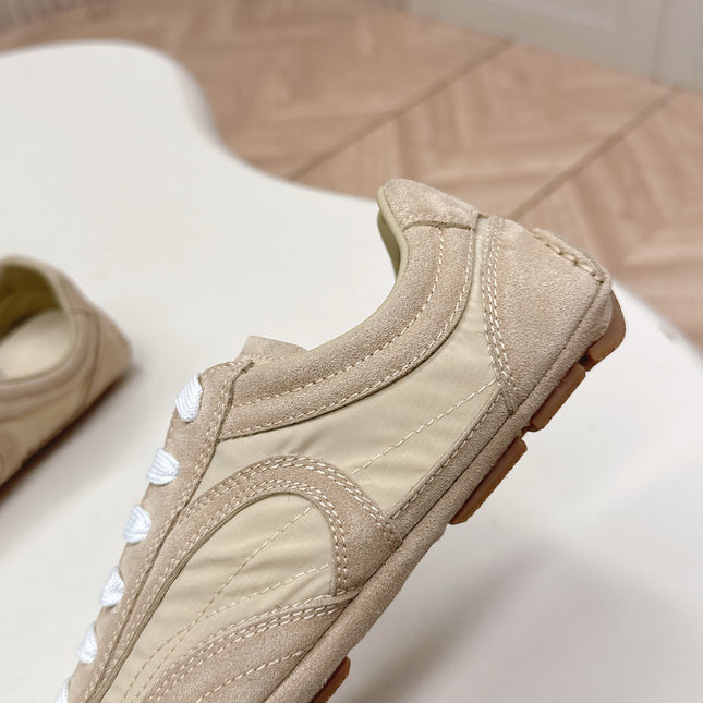 PRADA 26S SNEAKERS IN LIGHT BROWN QUILTED NYLON AND SUEDE