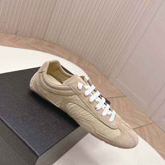 PRADA 26S SNEAKERS IN LIGHT BROWN QUILTED NYLON AND SUEDE