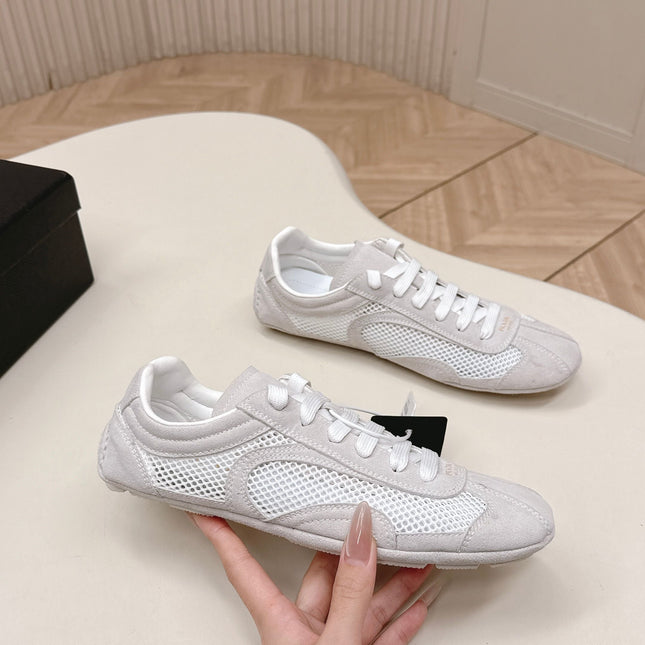 PRADA 26S CLASSIC SNEAKERS IN LIGHT GREY SUEDE AND MESH