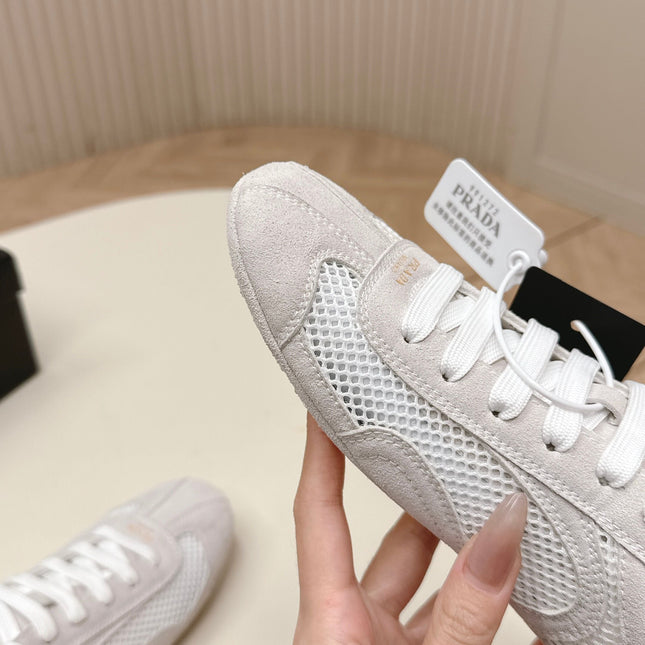PRADA 26S CLASSIC SNEAKERS IN LIGHT GREY SUEDE AND MESH