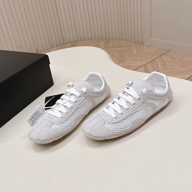PRADA 26S CLASSIC SNEAKERS IN LIGHT GREY SUEDE AND MESH