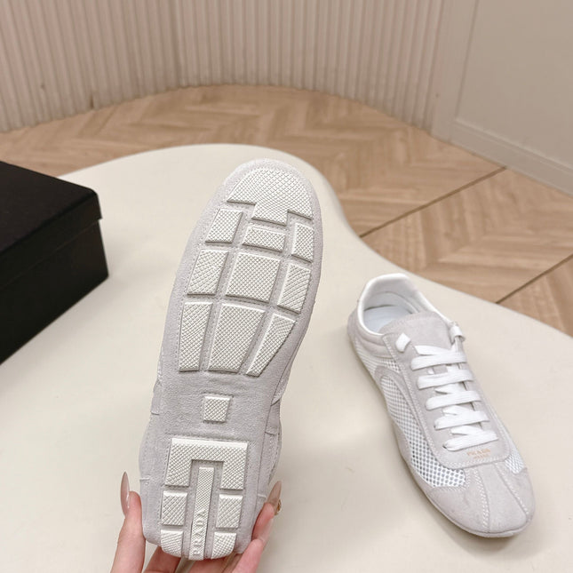 PRADA 26S CLASSIC SNEAKERS IN LIGHT GREY SUEDE AND MESH