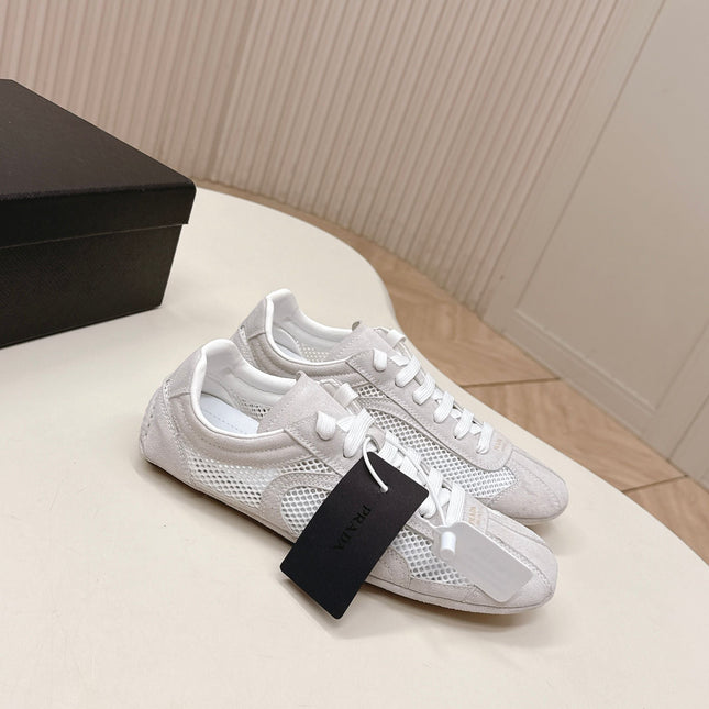 PRADA 26S CLASSIC SNEAKERS IN LIGHT GREY SUEDE AND MESH