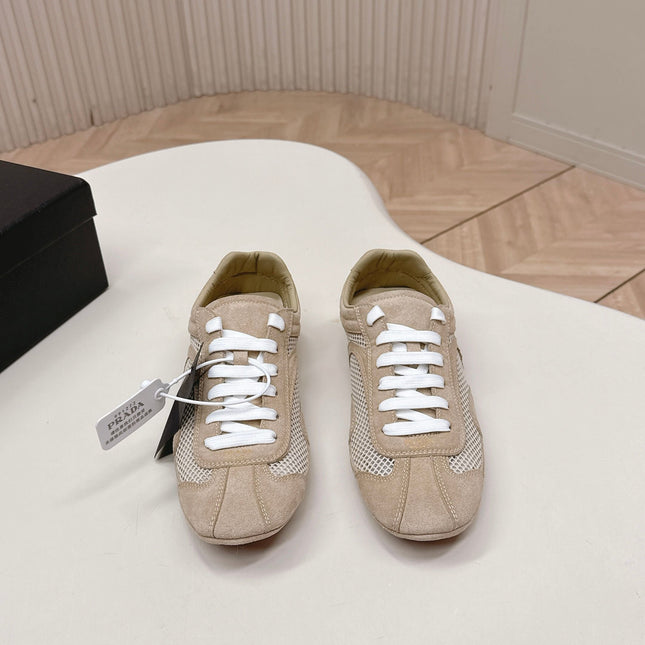 PRADA 26S CLASSIC SNEAKERS IN BEIGE SUEDE AND MESH