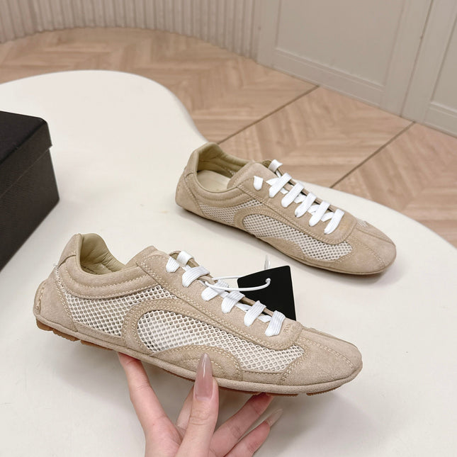 PRADA 26S CLASSIC SNEAKERS IN BEIGE SUEDE AND MESH