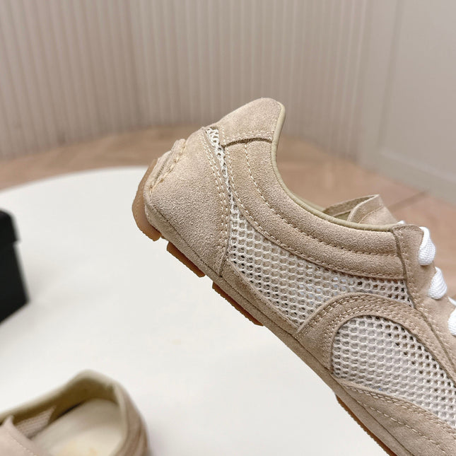 PRADA 26S CLASSIC SNEAKERS IN BEIGE SUEDE AND MESH