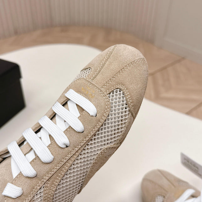 PRADA 26S CLASSIC SNEAKERS IN BEIGE SUEDE AND MESH