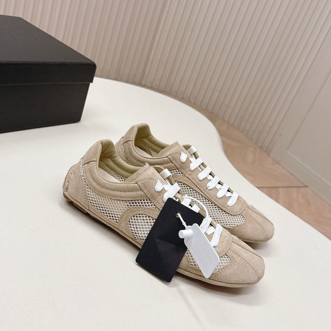 PRADA 26S CLASSIC SNEAKERS IN BEIGE SUEDE AND MESH
