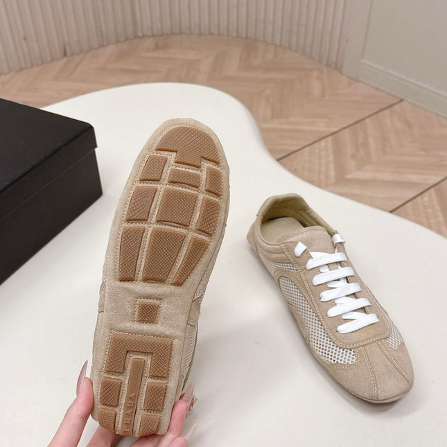 PRADA 26S CLASSIC SNEAKERS IN BEIGE SUEDE AND MESH
