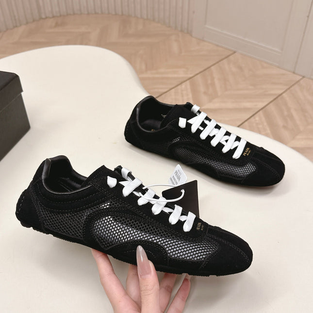 PRADA 26S CLASSIC SNEAKERS IN BLACK SUEDE AND MESH