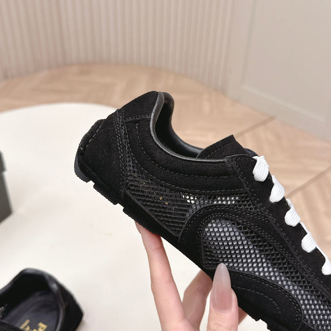PRADA 26S CLASSIC SNEAKERS IN BLACK SUEDE AND MESH