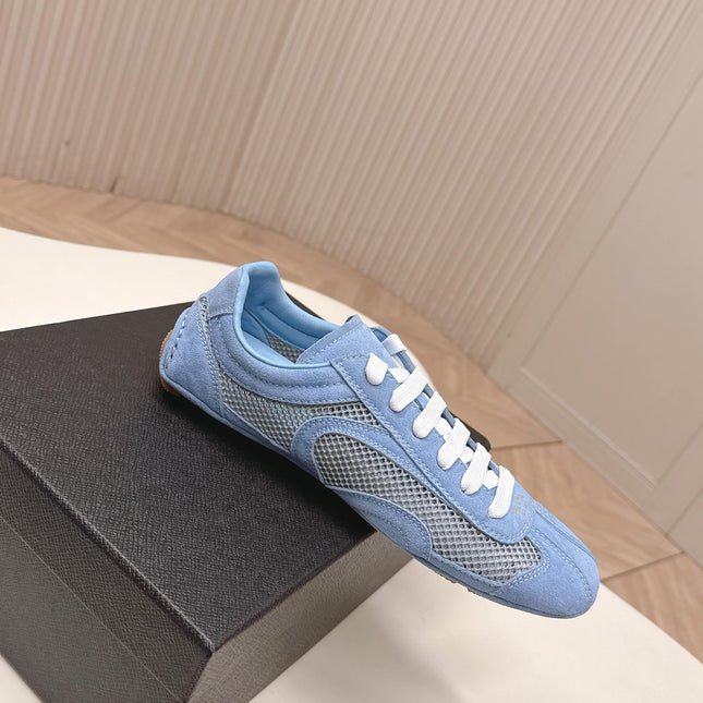 PRADA 26S CLASSIC SNEAKERS IN BLUE SUEDE AND MESH