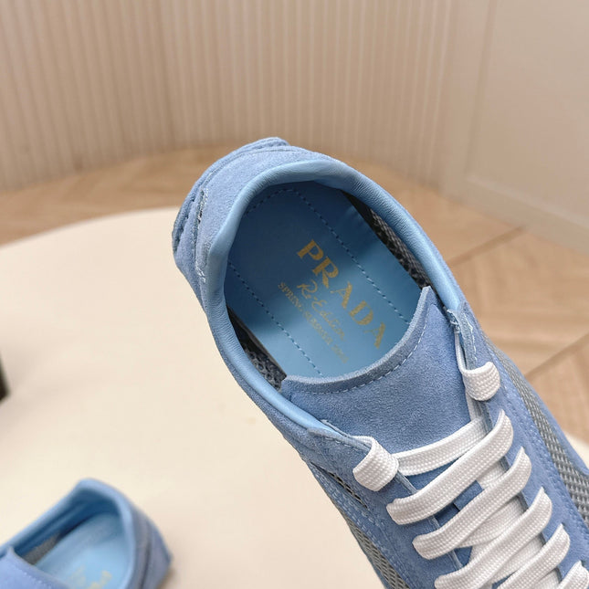 PRADA 26S CLASSIC SNEAKERS IN BLUE SUEDE AND MESH