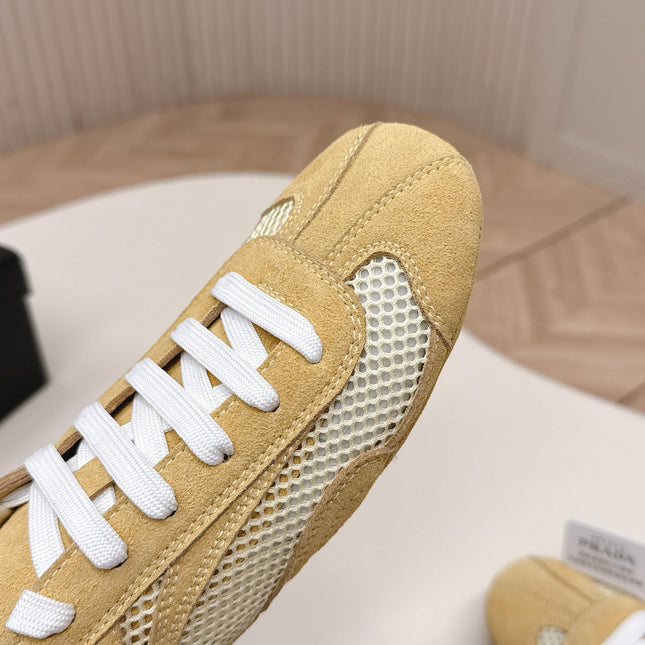 PRADA 26S CLASSIC SNEAKERS IN YELLOW SAND SUEDE AND MESH